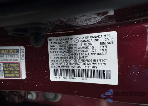 2015 Honda Cr-V Ex-L z USA, uszkodzony, nr VIN 2HKRM4H75FH681515